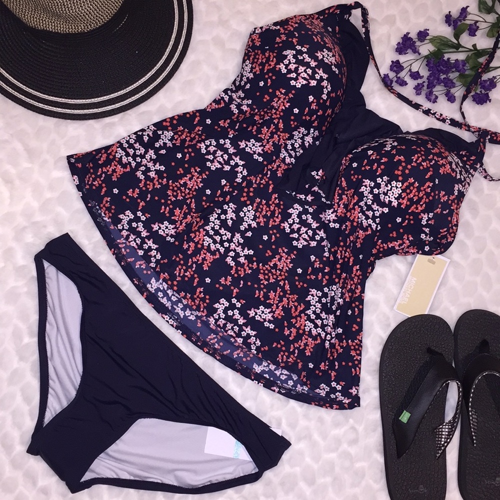 Michael Kors Floral Ruffle Neck Tankini Swim Suit